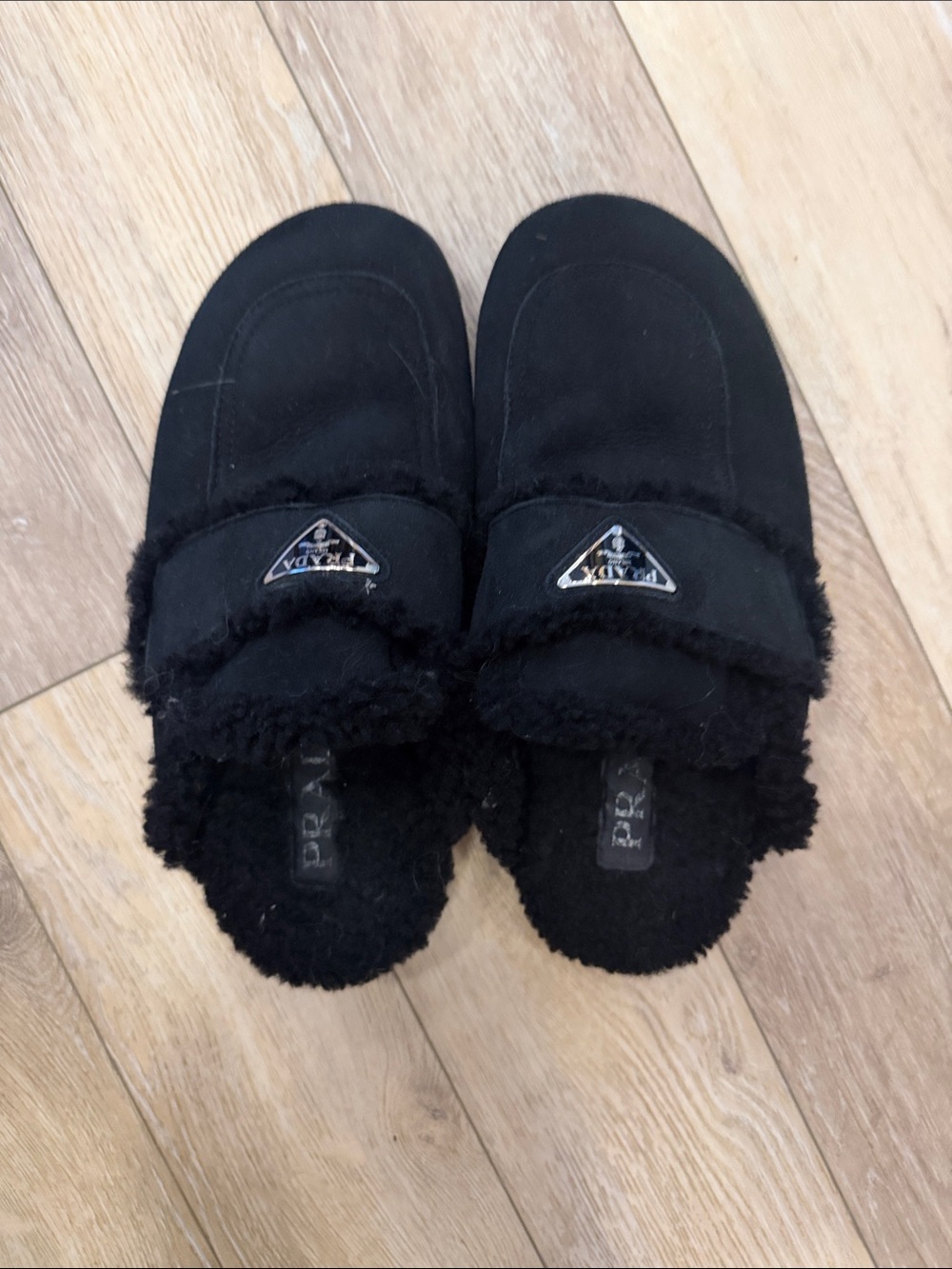Prada Black Suede Shearling-Lined Slip Mules